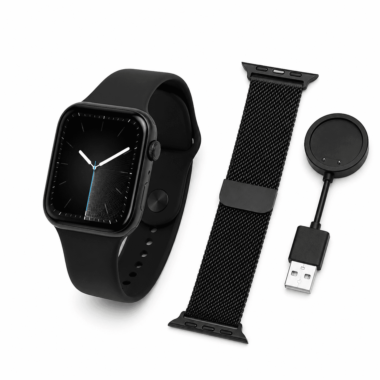Watch 9 Pro preto com duas pulseiras e carregador